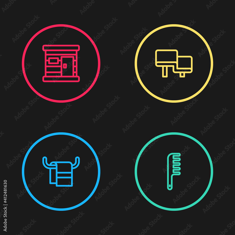 Set line Towel on a hanger, Hairbrush, Sauna wood bench and wooden bathhouse icon. Vector. Set line Towel on a hanger, Hairbrush, Sauna wood bench and wooden bathhouse icon. Vector.