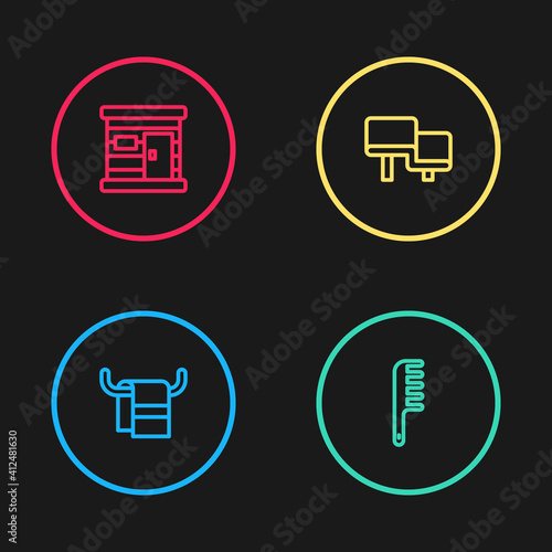 Set line Towel on a hanger, Hairbrush, Sauna wood bench and wooden bathhouse icon. Vector.