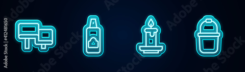 Set line Sauna wood bench, Spray can for hairspray, Aroma candle and bucket. Glowing neon icon. Vector.