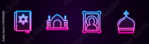 Set line Jewish torah book, Hindu spiritual temple, Christian icon and Church tower. Glowing neon icon. Vector.
