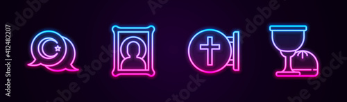 Set line Star and crescent, Christian icon, cross and Holy grail or chalice. Glowing neon icon. Vector.