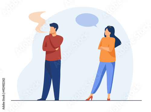 Displeased woman talking with smoking man. Cigarette, health, speech bubble flat vector illustration. Unhealthy habit and disapproval concept for banner, website design or landing web page