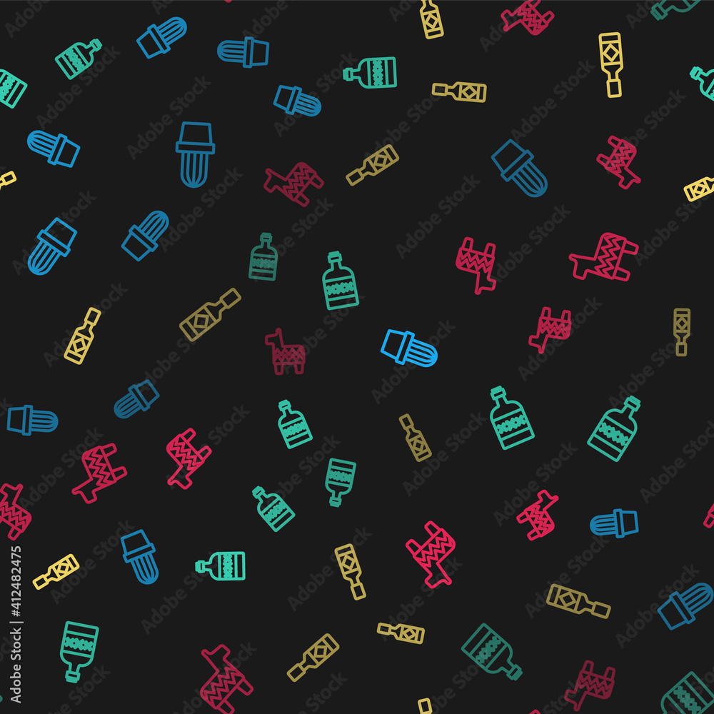 Set line Cactus or succulent in pot, Tequila bottle, Tabasco sauce and Pinata on seamless pattern. Vector. Set line Cactus or succulent in pot, Tequila bottle, Tabasco sauce and Pinata on seamless pattern. Vector.