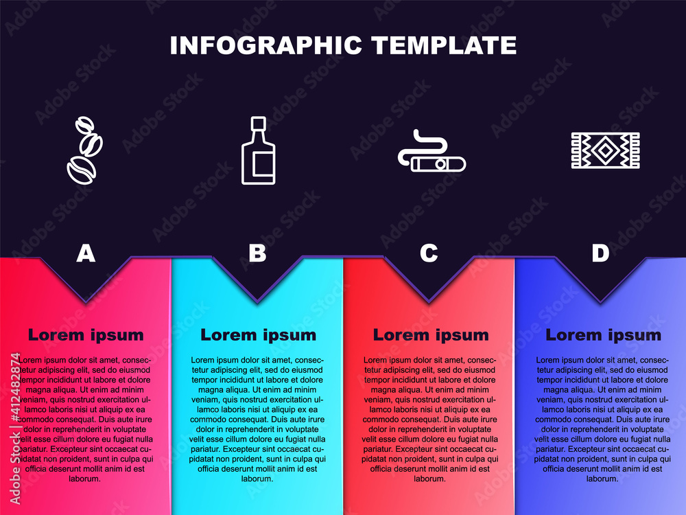 Set line Coffee beans, Tequila bottle, Cigar and Mexican carpet. Business infographic template. Vector.