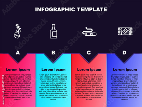 Set line Coffee beans, Tequila bottle, Cigar and Mexican carpet. Business infographic template. Vector.