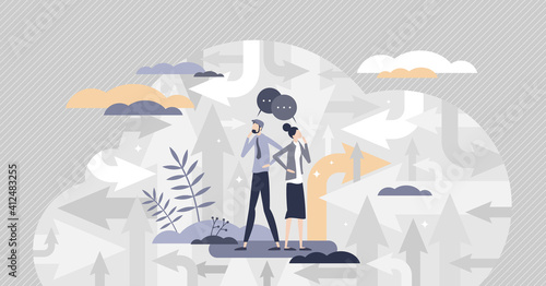 Finding your way as path direction arrows and confusion tiny person concept