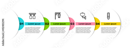 Set line Led track lights and lamps, Vintage street, Wall or sconce and LED bulb. Business infographic template. Vector.
