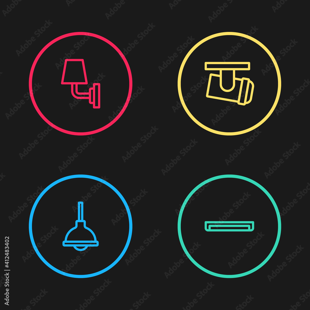 Set line Lamp hanging, Fluorescent lamp, Led track lights and lamps and Wall sconce icon. Vector. Set line Lamp hanging, Fluorescent lamp, Led track lights and lamps and Wall sconce icon. Vector.