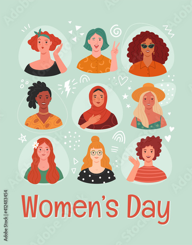 Women's Day greeting card. Vector illustration of diverse multi ethnic cartoon women portraits in modern flat style. Isolated on light blue background with abstract doodle elements 