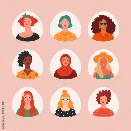 Women’s portraits collection. Vector illustration of diverse cartoon women faces in trendy flat style. Isolated on background