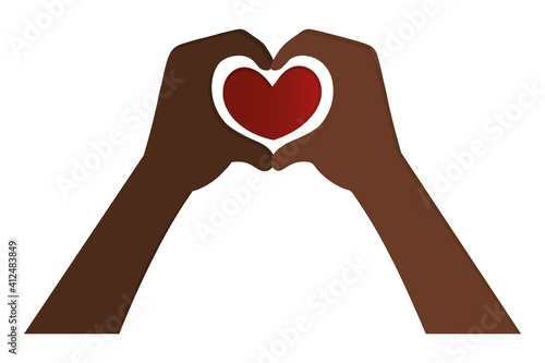 A scarlet heart between the palms. African American hands folded in the shape of a heart. Sign of love from the palms. Vector illustration. Isolated white background. Romantic gesture. Valentines Day.