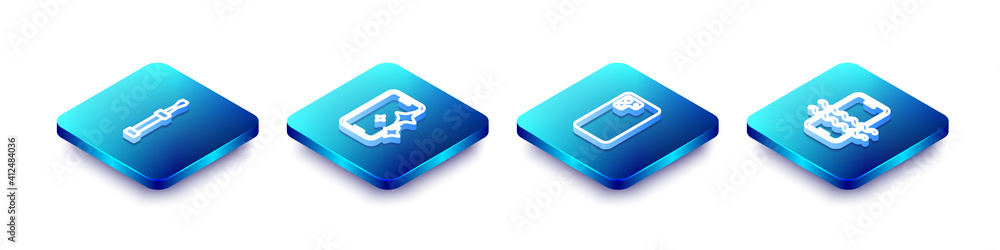 Set Isometric line Screwdriver, Glass screen protector, Smartphone and Waterproof icon. Vector. Set Isometric line Screwdriver, Glass screen protector, Smartphone and Waterproof icon. Vector.