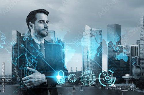 Canvas Print A young European cybersecurity developer in cross hand pose thinking about new concepts at security compliance division to protect clients information