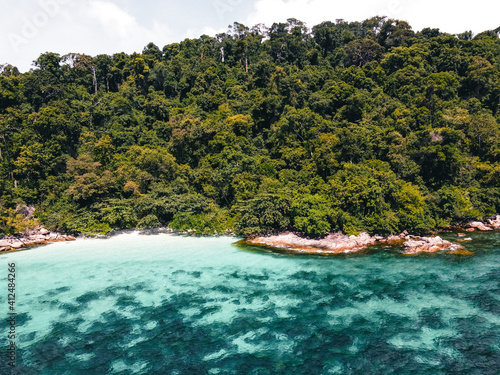 Aerial view of the long tail boats on tropical sea satun  Thailand  Island and coral