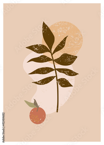Vector boho aesthetic abstract botanical wall art poster print. Scandinavian design, neutral natural colors. Bohemian style collage. Mid Century Modern design. Plant fruit poster artistic illustration