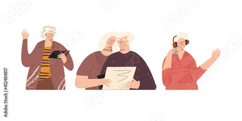 Old elderly happy senior adult with computer laptop devise. Silver generation surfers, baby boomers communication in virtual class. Active pensioner, self-sufficiency people