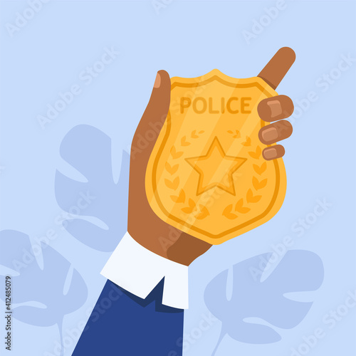 Male hand holding golden police badge. Protection, guardian, star flat vector illustration. Justice and law concept for banner, website design or landing web page