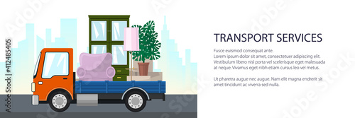 Freight truck is transporting furniture on the background of the city, banner of transport services and logistics, vector illustration