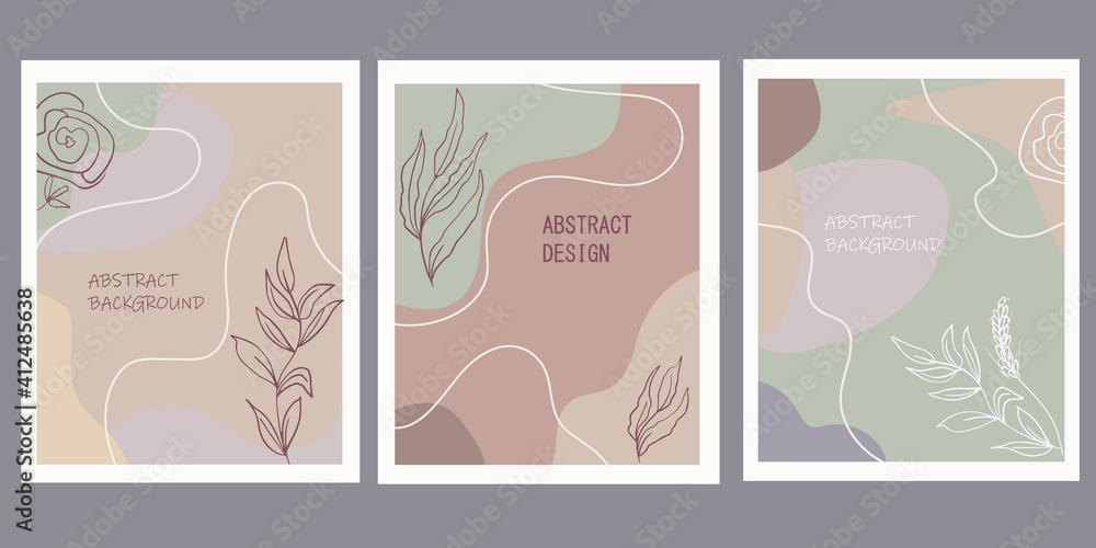 A set of creative posters. Modern abstract background in pastel colors. Minimal geometric shapes, botanical plant and flower elements, line art. Designs for social media marketing, stylish prints