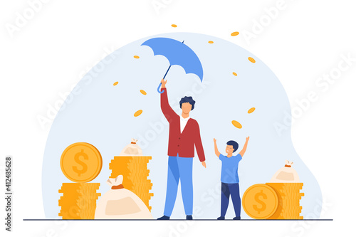 Happy man and boy standing under money rain. Coin, umbrella, bag flat vector illustration. Wealth and investment concept for banner, website design or landing web page