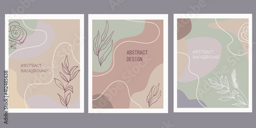 A set of creative posters. Modern abstract background in pastel colors. Minimal geometric shapes, botanical plant and flower elements, line art. Designs for social media marketing, stylish prints