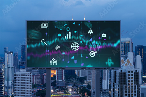 Photography Research and technological development glowing icons on billboard