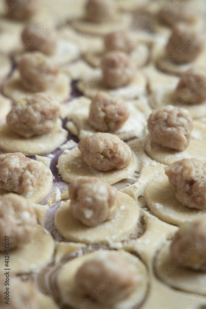 Meat filling on dough circles in the process of cooking dumplings close up vertical orientation Meat filling on dough circles in the process of cooking dumplings close up vertical orientation