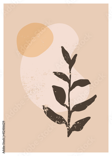 Vector boho aesthetic abstract botanical wall art poster print. Scandinavian cover design, neutral natural colors. Bohemian collage wall print. Mid Century Modern design. Plant poster art illustration