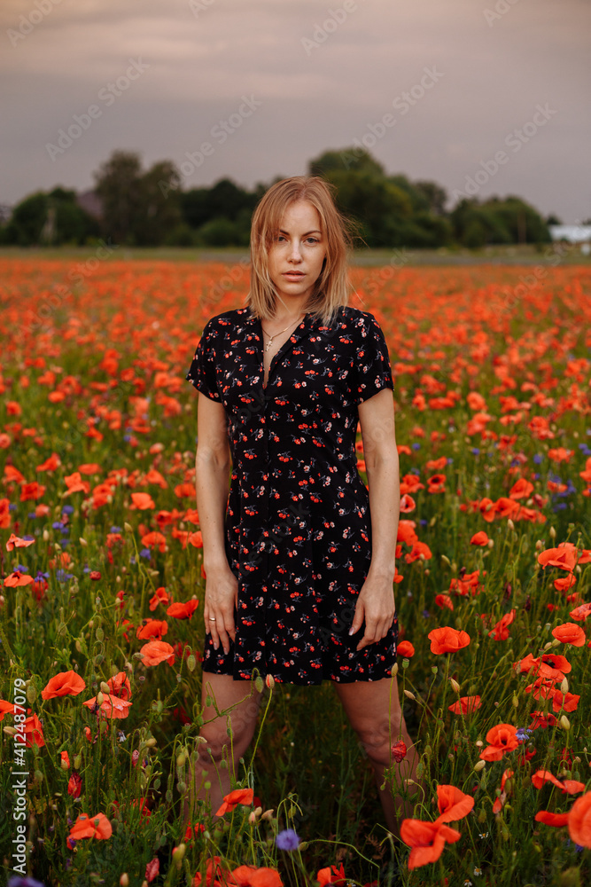 girl in a black dress in a field of poppies girl in a black dress in a field of poppies
