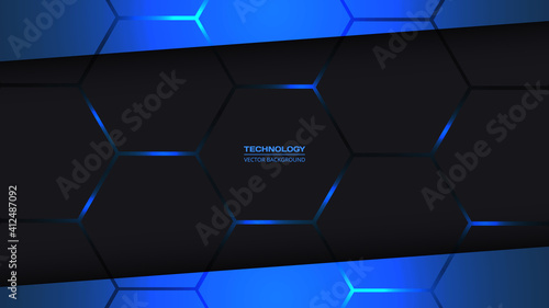Dark gray and blue hexagonal technology vector abstract background. Blue bright energy flashes under hexagon in technology dark gray honeycomb texture grid. Ratio 1920x1080, vector illustration. photo
