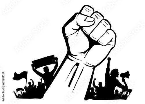 Raised protest fist over crowd rebels with flags and streamer. Revolution vector template