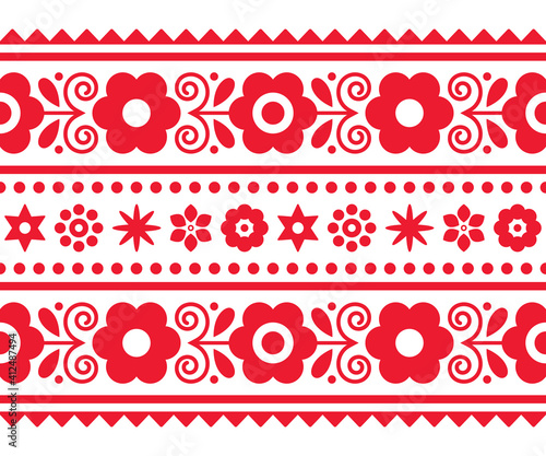 Polish folk art vector long vertical seamless textile or greeting card pattern with floral motif- Lachy Sadeckie
