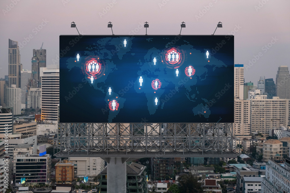 Glowing hologram of Earth planet map on billboard over aerial panoramic cityscape of Bangkok at sunset. The concept of international business in Southeast Asia. Glowing hologram of Earth planet map on billboard over aerial panoramic cityscape of Bangkok at sunset. The concept of international business in Southeast Asia.