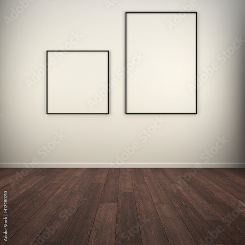 3d rendering of an empty room with wooden floor and frames