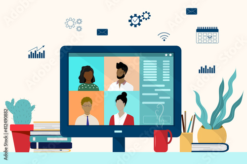 People working at a computer hold a video conference, at home, in offices, freelance work anywhere in the world. Vector illustration