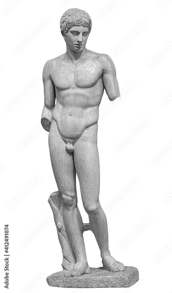 Ancient white marble full length sculpture of naked young man. Antique classic statue of youngster isolated on white. Stone figure of teenager Ancient white marble full length sculpture of naked young man. Antique classic statue of youngster isolated on white. Stone figure of teenager