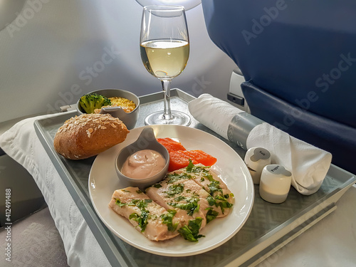 Snack and drink in the business class of Aeroflot airline. Moscow, Russia