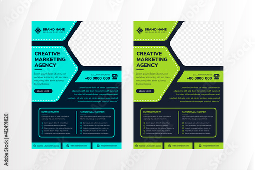 Abstract half hexagon cube for photo space on dark background design for corporate business flyer or poster combined with blue and green element.