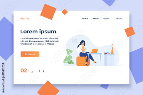 New mom working at home. Working mother holding baby in arms, using computer at her workplace. Can be used for freelance worker with kid, maternity, motherhood, online job concept
