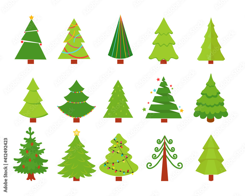 Christmas trees collection. Set of vector Christmas trees icon for cards, banners and websites page