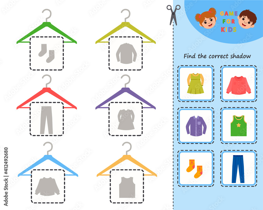Education game for children with clothes. Find and hang clothes on a hanger. Kids learning material. Preschool worksheet activity. Children funny riddle entertainment. Vector Illustration