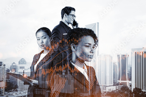 Canvas Print Group of business colleagues in suits as a part of multinational corporate team working on forecasting trading corporate strategy at fund