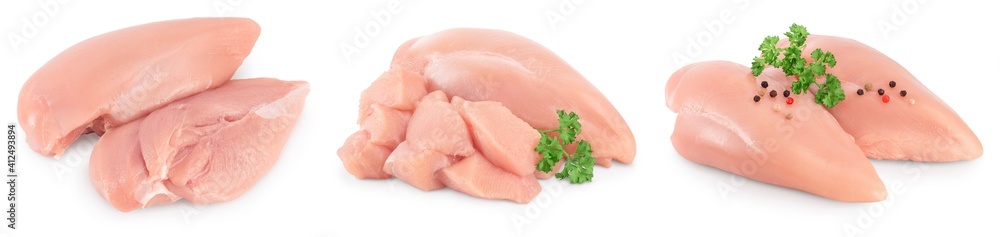Fresh chicken fillet isolated on white background with full depth of field. Set or collection Fresh chicken fillet isolated on white background with full depth of field. Set or collection
