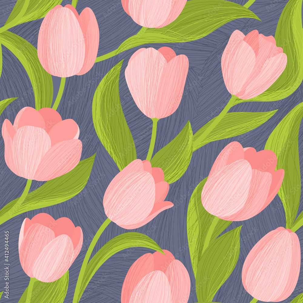 Seamless pattern with pink Tulips in abstract background. Spring flowers on gray background. Vector background for fabric, textile, wallpaper, posters, gift wrapping paper, napkins, tablecloths. Seamless pattern with pink Tulips in abstract background. Spring flowers on gray background. Vector background for fabric, textile, wallpaper, posters, gift wrapping paper, napkins, tablecloths.