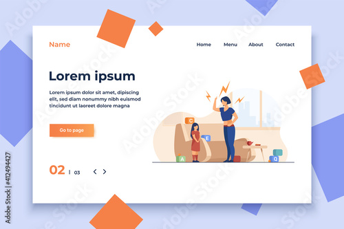 Mother scolding little daughter. Mom shouting at kid, toys, home flat vector illustration. Problem in family, childhood, abuse concept for banner, website design or landing web page