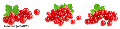 Red currant berries with leaf isolated on white background. Set or collection