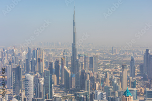 DUBAI, UAE - December, 2020: Aerial view from helicopter of the Dubai skyline, United Arab Emirates