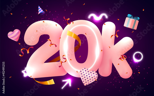20k or 20000 followers thank you Pink heart, golden confetti and neon signs. Social Network friends, followers, Web user Thank you celebrate of subscribers or followers and likes.