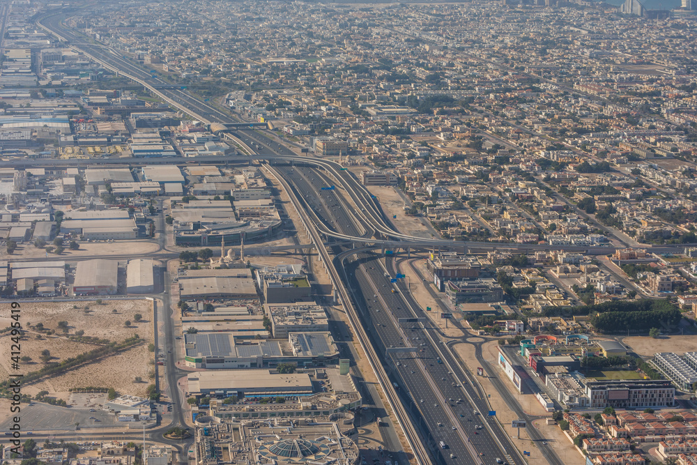 DUBAI, UAE - December, 2020: Aerial view from helicopter of the Dubai skyline, United Arab Emirates