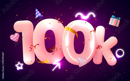 100k or 10000 followers thank you Pink heart, golden confetti and neon signs. Social Network friends, followers, Web user Thank you celebrate of subscribers or followers and likes.